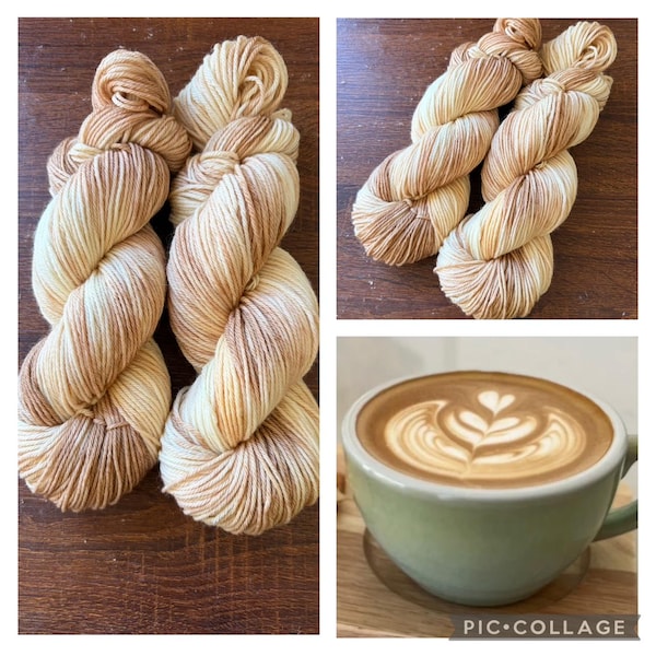 Hilo de lana merino superwash teñido a mano color latte: Marrón crema