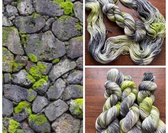 Mossy Stones, Green, Grey Hand-Dyed DK Yarn: Superwash Merino Wool