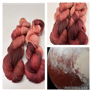 May include: Three skeins of hand-dyed yarn in shades of red, pink, and brown. The yarn is arranged in a collage with a close-up of the yarn and an image of the planet Pluto. The yarn appears soft and textured.