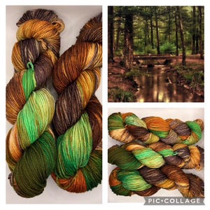 Fairy Bridge, Brown, Green, Tan, Hand dyed yarn, Worsted weight, Superwash Merino wool, Worsted yarn