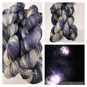 Space Lightning, Purple, Black, Grey, Hand dyed yarn, Worsted weight, Superwash Merino wool, Worsted yarn