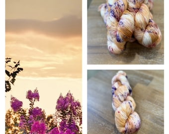 Flowers in Sunset, Apricot, Orange, Pink, Purple, Hand dyed yarn, Superwash Merino wool