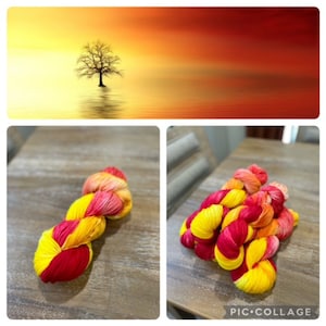 May include: Two skeins of hand-dyed yarn in vibrant colours. The yarn is a blend of yellow, red, and orange hues. The top image is a landscape of a tree in a body of water with an orange and yellow sky. The bottom right image has the text "PIC.COLLAGE".