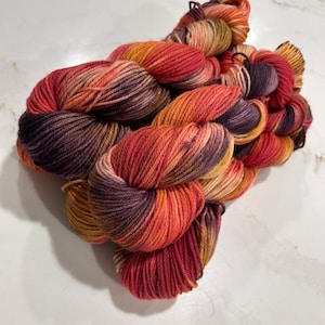 Brave, Red, Purple, Brown, Yellow, Hand dyed yarn, Worsted weight, Superwash Merino wool, Worsted yarn