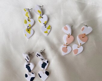 Triple Heart Dangle Earring / Cow Print Collection / Pastel Pink Wasabi Black White / Statement Earring