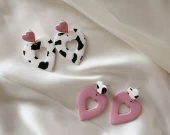 Big Little Hearts // Valentines // Polymer Clay Earrings / Cow Print Pink / Statement Earring / Resin Coated / Dangle Earring