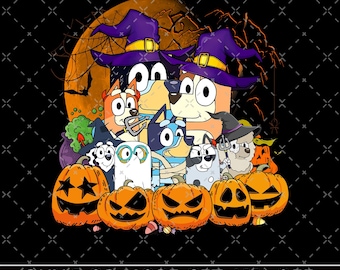 May include: A digital graphic featuring Bluey characters dressed in Halloween costumes, including witch hats and ghost sheets, surrounded by carved jack-o'-lanterns against a large orange moon. Text at the bottom reads: BUY 2 OR MORE GET 40% OFF COMMERCIAL USE CUTTING FILES PNG.