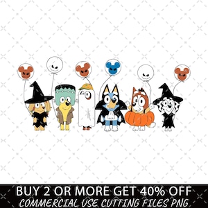 May include: A digital illustration featuring six cartoon dogs in Halloween costumes, including a witch, Frankenstein, a ghost, a vampire, a pumpkin, and another witch, each holding a balloon. Text at the bottom reads: BUY 2 OR MORE GET 40% OFF COMMERCIAL USE CUTTING FILES PNG.