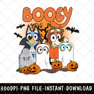 May include: A digital illustration featuring the text BOOEY in orange letters above two cartoon dogs dressed in Halloween costumes, one as a vampire and one as a pumpkin, alongside two white ghost figures, three jack-o'-lanterns, and bats.