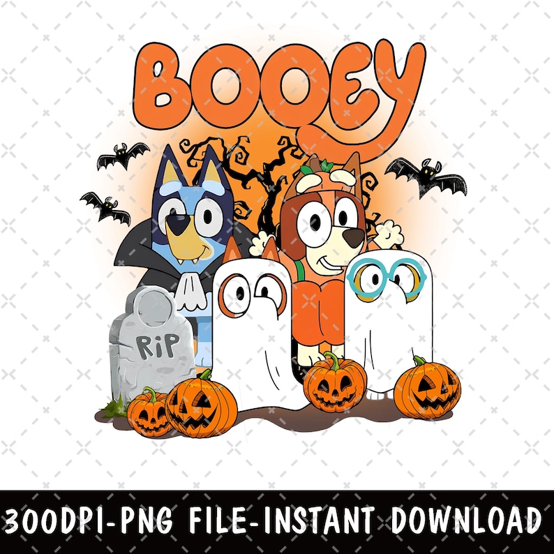 May include: A digital illustration featuring the text BOOEY in orange letters above two cartoon dogs dressed in Halloween costumes, one as a vampire and one as a pumpkin, alongside two white ghost figures, three jack-o'-lanterns, and bats.