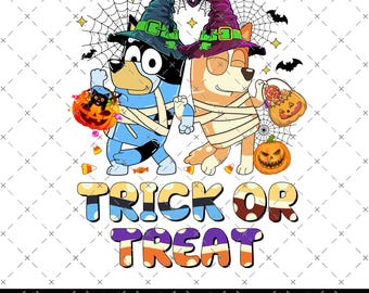 May include: A graphic illustration featuring two cartoon dogs dressed as mummies and wearing witch hats. They are holding pumpkin buckets filled with candy. The text TRICK OR TREAT is displayed below. The background includes spiderwebs, bats, and candy corn.
