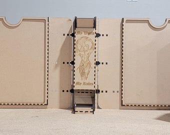 May include: A modular, wooden gaming terrain set. The set is made of light brown wood and features hinged panels with decorative cutouts and a central structure with a detailed design. The panels are connected with black hinges.