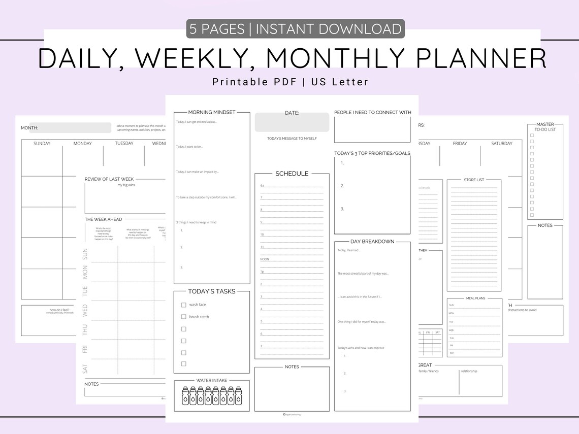 Printable Daily Weekly Monthly Planner US Letter Routine - Etsy