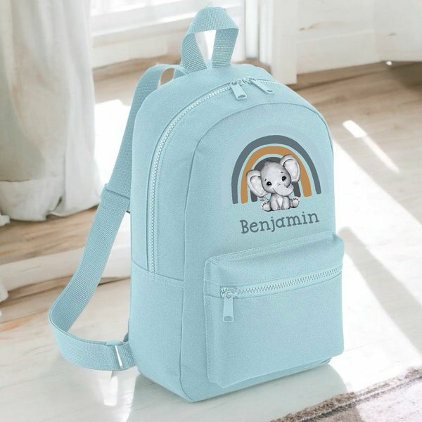 Personalisierte blauer Elefant-Regenbogen-Rucksack | Rucksake | Zurück in Schule | Kindertasche | Geburtstag | Schultüte | Jungen Rucksack