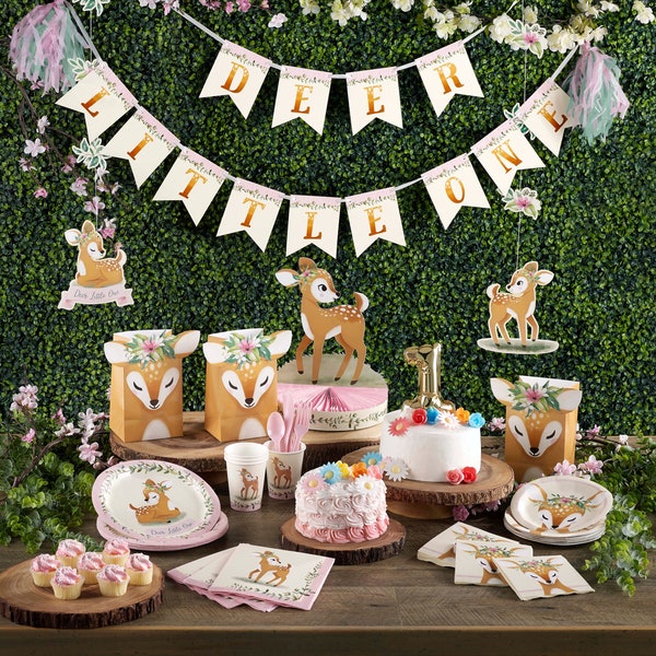 Deer Little One Party Package l Birthday Girl Decorations l First Birthday l Woodland Party l Pink Birthday Set l Tablewear Cups Plates