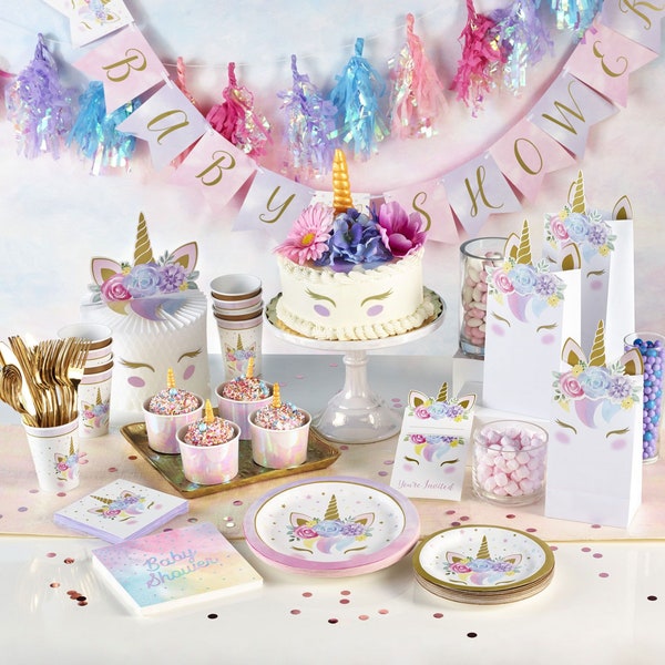Paquete de fiesta de unicornio rosa l Decoraciones de cumpleañera l Primer cumpleaños l Fiesta de pony mágico l Juego de cumpleaños rosa l Platos de tazas de mesa