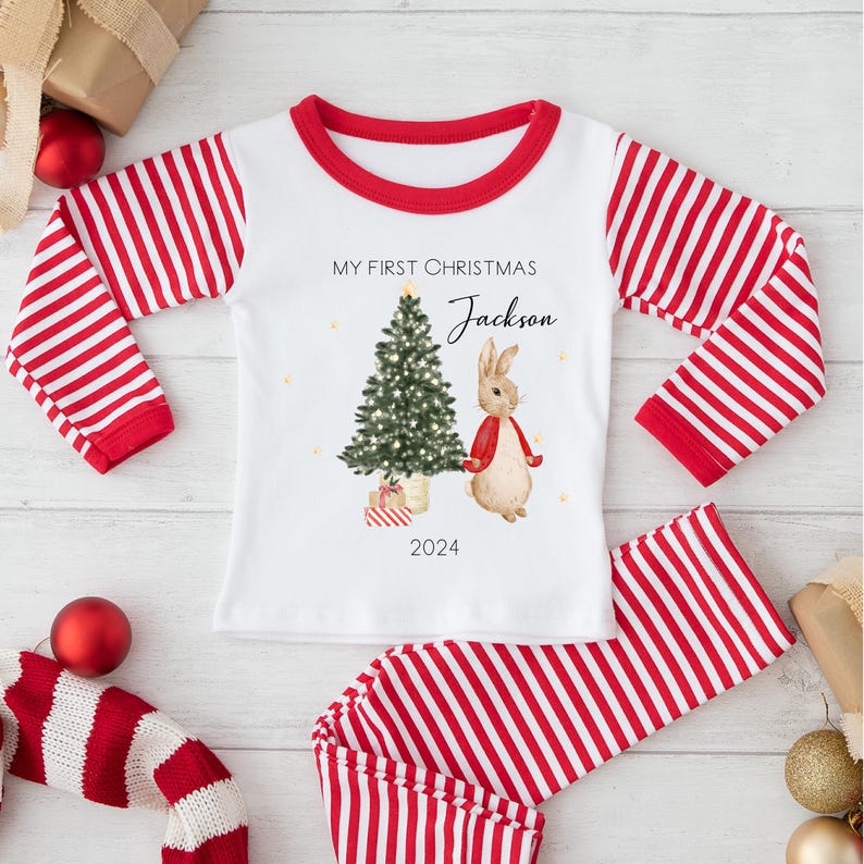 Sibling Matching Christmas Pyjamas | Red Stripe Pjs Babygrow With ...