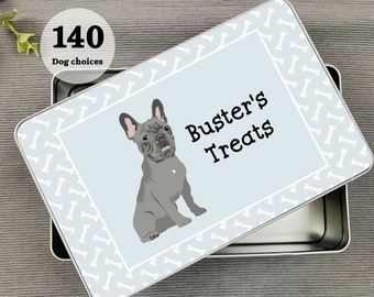 Personalised Frenchie Dog Treat Tin Pink/Blue | 140 Dog Breeds | Christmas Gift | Dog Lover | Dog Mum Gift | Frenchie Mumma | New Puppy Gift
