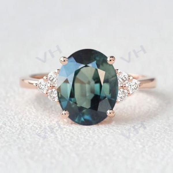 2.8ct Vintage Teal Sapphire Engagement Ring Color Changing Teal Sapphire Wedding Ring 14k Gold Blue Sapphire Bridal Promise Gift For Women