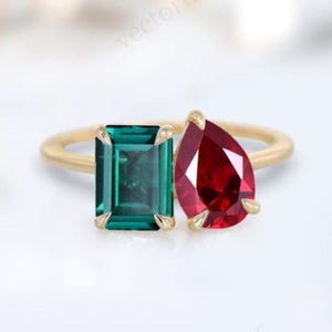 14k Gold Emerald Cluster Wedding Ring Art Deco Multi Gemstone Ring Pear Shaped Ruby Engagement Ring Vintage Ruby Bridal Anniversary Ring