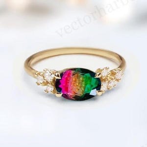 Watermelon Tourmaline Engagement Ring Unique Multi Color Gemstone Ring Antique East West Ring Vintage Dainty Wedding Ring Anniversary Gift