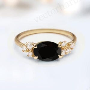 Antique Black Onyx Engagement Ring East West Dainty Wedding Ring For Women 925 Silver Black Onyx Bridal Ring Unique Anniversary Ring For Her