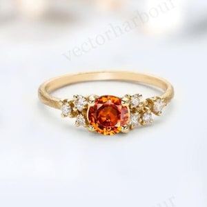 Orange Sapphire Engagement Ring Art Deco Dainty Wedding Ring 14k Gold Orange Sapphire Bridal Ring Unique Minimalist Engagement Ring For Her