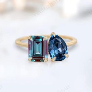 Emerald Cut Alexandrite Engagement Ring Unique Multi Gemstone Ring Pear Cut London Blue Topaz Cluster Wedding Ring Anniversary Gift For Her