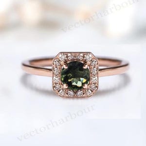 14k Gold Moldavite Halo Engagement Ring For Women Art Deco Moldavite Wedding Ring Antique Dainty Bridal Ring Unique Minimalist Promise Ring