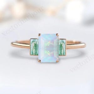 Vintage Opal Engagement Ring 14k Gold Art Deco Multi Gemstone Ring Emerald Cut Opal Wedding Ring Unique Bridal Promise Ring Gift For Women