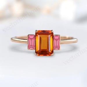 Vintage Orange Sapphire Engagement Ring Antique Wedding Ring Unique Multi Gemstone Ring Emerald Cut Orange Sapphire Bridal Anniversary Ring