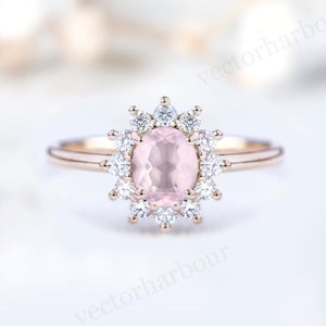 Unique Rose Quartz Wedding Ring Antique Bridal Anniversary Ring 925 Silver Rose Quartz Engagement Ring Art Deco Halo Wedding Ring For Women