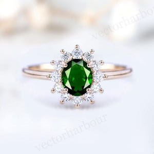 Vintage Chrome Diopside Halo Engagement Ring Art Deco Wedding Ring Oval Shaped Chrome Diopside Bridal Ring Unique Engagement Ring For Women