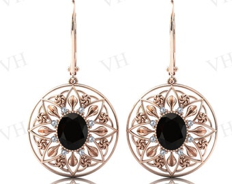 Vintage Black Onyx Earrings For Women 925 Sterling Silver Black Gemstone Earrings Antique Floral Earrings Art Deco Earrings Gift For Women
