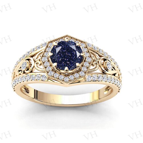 Shops Vintage Blue Sandstone Engagement Ring 14k Gold Art Deco Sandstone Wedding Ring Antique Filigree Bridal Anniversary Promise Ring For Women