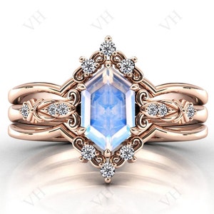 Hexagon Shaped Moonstone Engagement Ring Set Art Deco Moonstone Wedding Ring Set Antique Bridal Anniversary Ring Set Unique Promise Ring Set