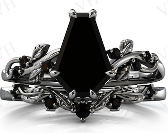 Vine Leaf Style Coffin Shape Black Gemstone Ring Set For Women Vintage Art Deco Black Onyx Engagement Ring Set Women Antique Bridal Ring Set