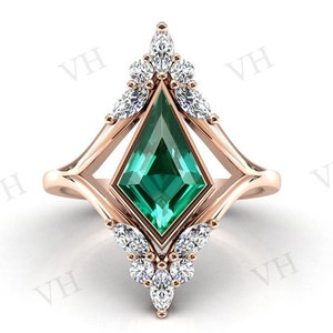 Vintage Kite Shaped Emerald Engagement Ring Art Deco Emerald Wedding Ring 14k Gold Kite Shaped Bridal Anniversary Promise Ring For Women