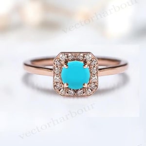 Sleeping Beauty Turquoise Engagement Ring Art Deco Halo Wedding Ring For Women Vintage Turquoise Dainty Bridal Ring Unique Minimalist Ring
