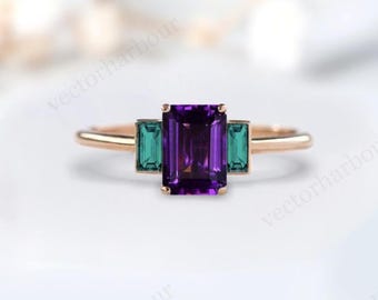 Emerald Cut Amethyst Engagement Ring For Women 925 Silver Amethyst Wedding Ring Unique Multi Gemstone Ring Vintage Bridal Anniversary Ring