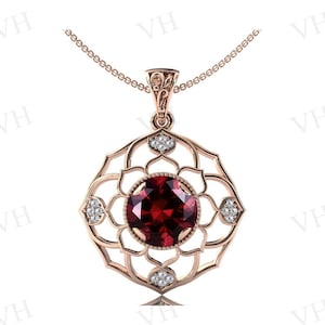 Colgante Art Deco de granate, colgante de boda antiguo para mujer, colgante de loto único de granate de oro de 14 k, colgante de piedra preciosa roja, regalo de aniversario para mujer
