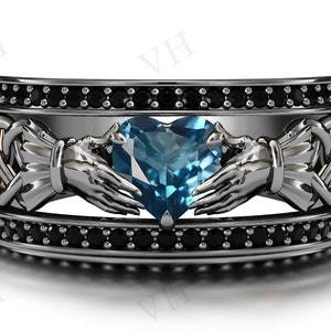 Vintage London Blue Topaz Engagement Ring Unique Claddagh Style Ring Art Deco Claddagh Wedding Ring 925 Silver Antique Bridal Promise Ring