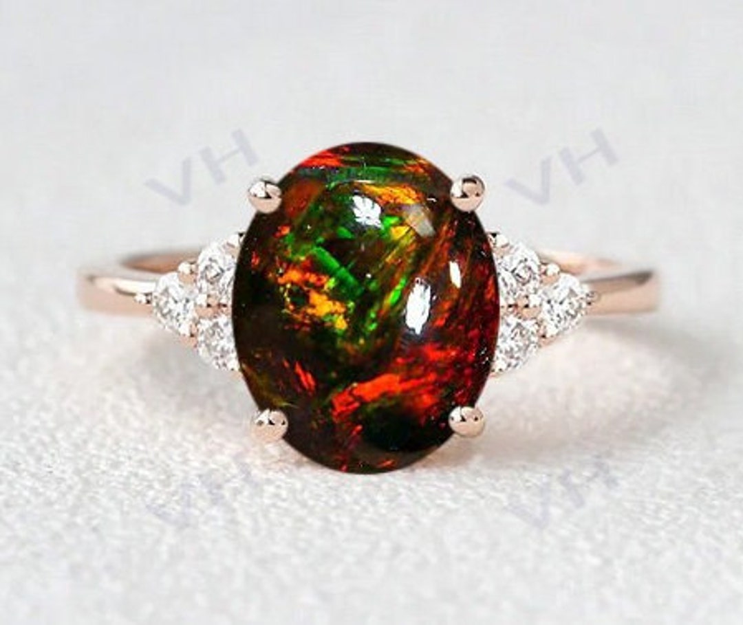 Vintage Black Opal Engagement Ring 14k Rose Gold Black Opal Wedding