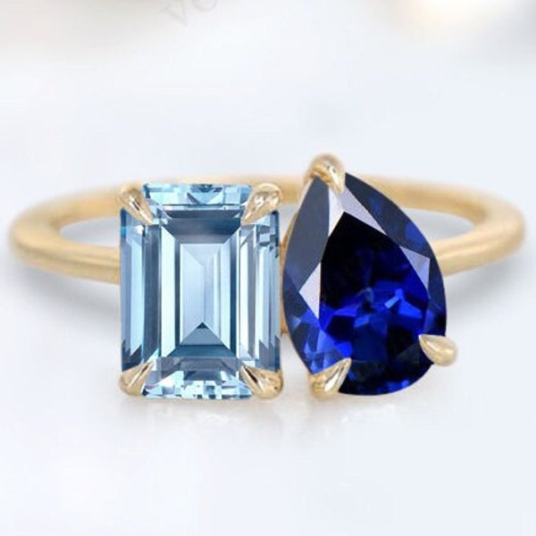 Vintage Aquamarine Cluster Ring For Women 14k Gold Blue Sapphire Wedding Ring Multi Gemstone Ring Emerald Cut Aquamarine Engagement Ring