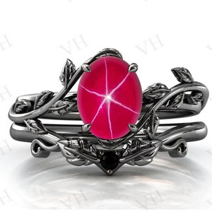 Art Deco Ruby Star Engagement Ring Set Unique Leaf Style Ring Set Antique Ruby Star Wedding Ring Set Vintage Bridal Anniversary Ring Set