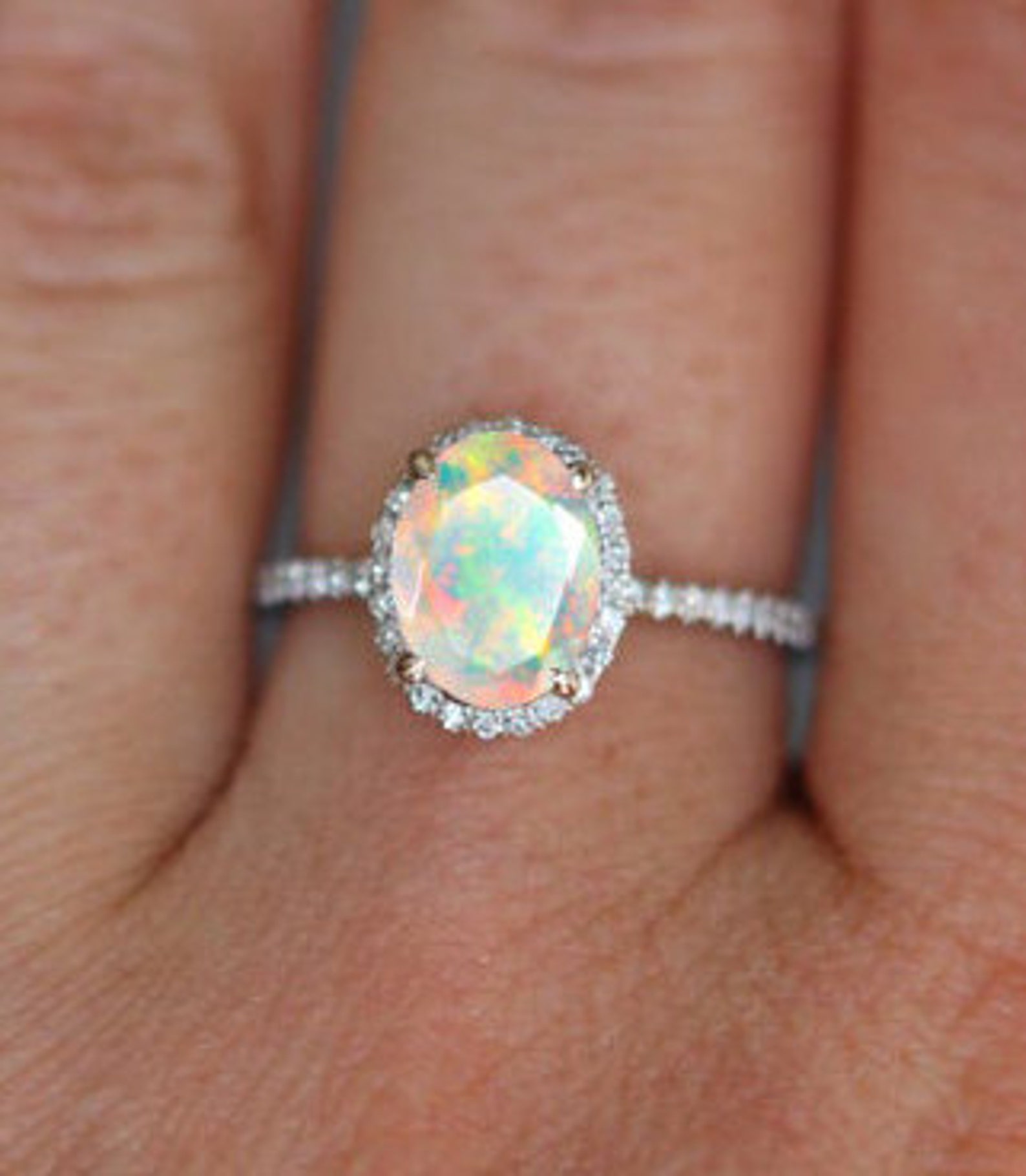 Fire Opal Halo Engagement Ring Vintage Opal Wedding Ring Etsy