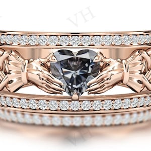 Unique Heart Shaped Grey Spinel Claddagh Wedding Ring 14k Gold Grey Spinel Engagement Ring Art Deco Claddagh Style Ring Vintage Bridal Ring