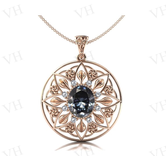 Vintage Grey Spinel Pendant Art Deco Floral Style Wedding Pendant For Women Antique Grey Spinel Bridal Necklace Anniversary Gift For Women
