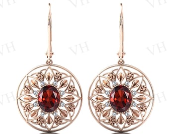 Art Deco Red Garnet Earrings For Women Antique Floral Design Wedding Earrings Vintage Garnet Bridal Earrings Unique Red Gemstone Earrings