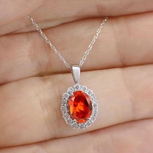 Colgante de zafiro naranja para mujer, colgante vintage de piedra preciosa naranja para boda, colgante único con estilo art déco, collar con halo, regalo de aniversario.